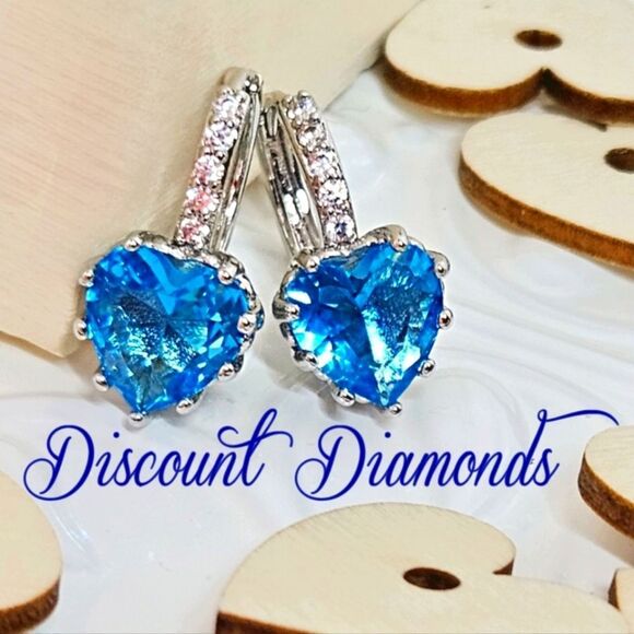 Sky Blue Sapphire Dangle Earrings & White Baguette Diamonds on 925 Silver - Picture 6 of 8